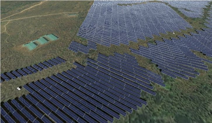 Aerial view of the Samrang project site showing utility-scale solar arrays and green-roof site buildings.