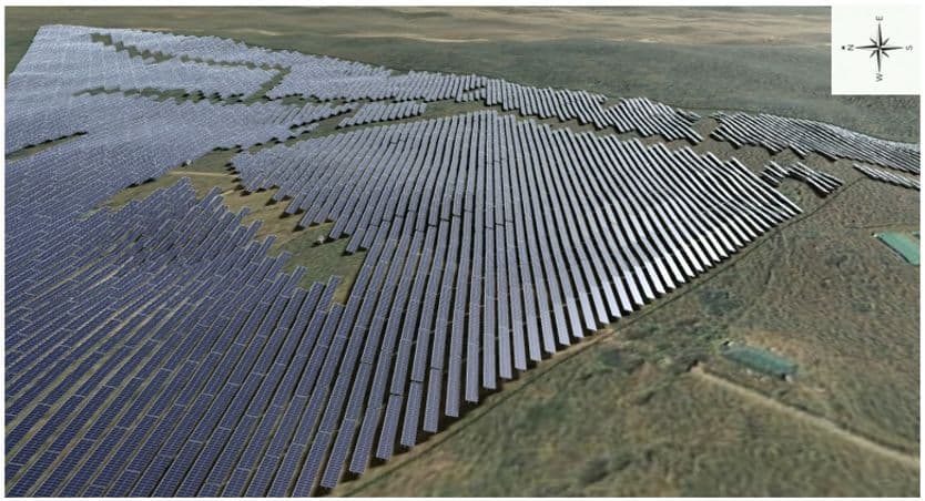 Aerial view of solar rows following hilly terrain at Samrang, with orientation reference.