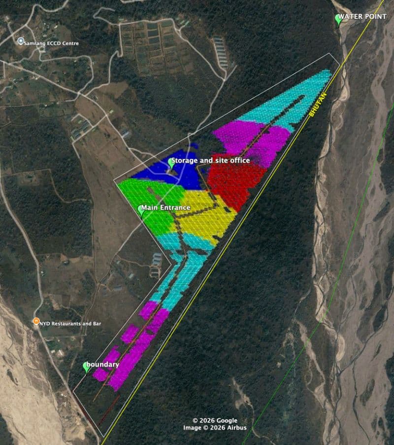 Satellite overview of the Samrang project boundary, phased blocks, and key site markers.