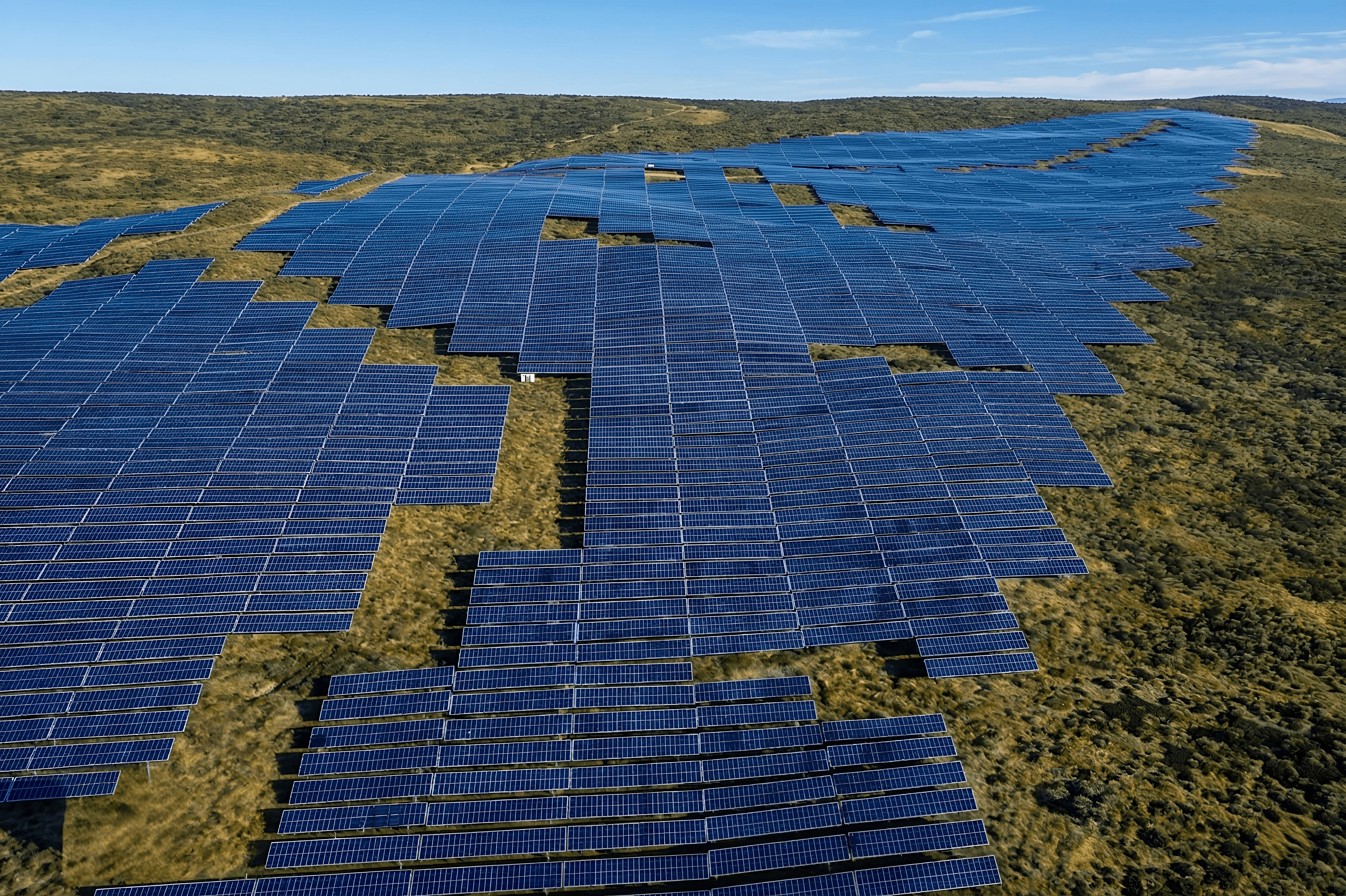 Aerial view of the Samrang project site showing utility-scale solar arrays and green-roof site buildings.